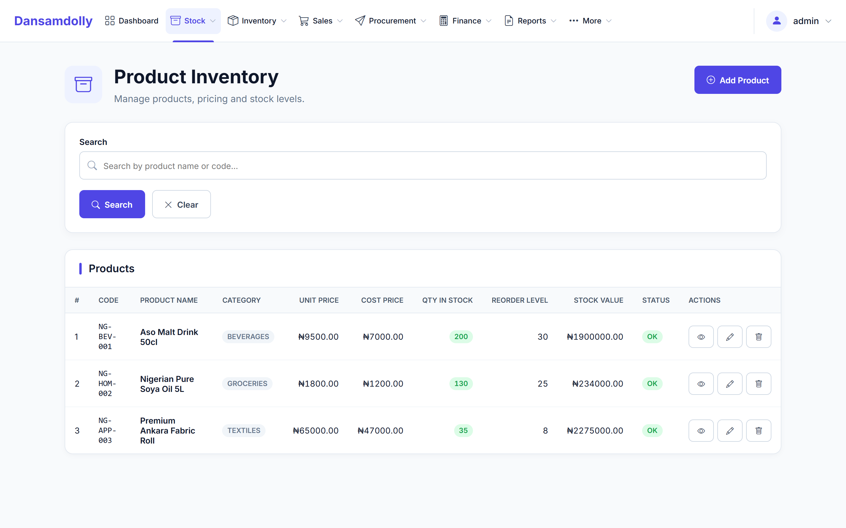 Dansamdolly product inventory table