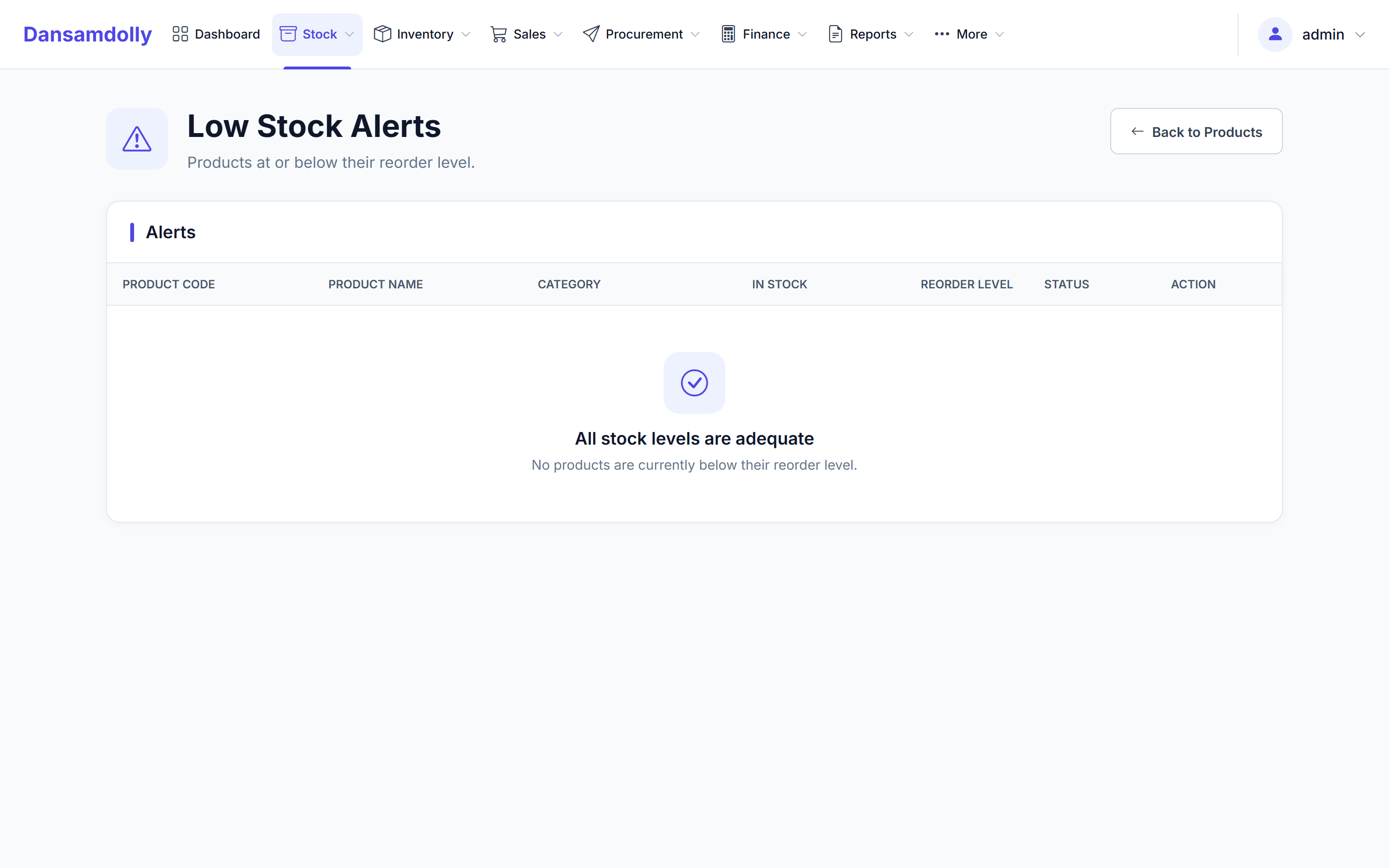 Dansamdolly low-stock alerts view