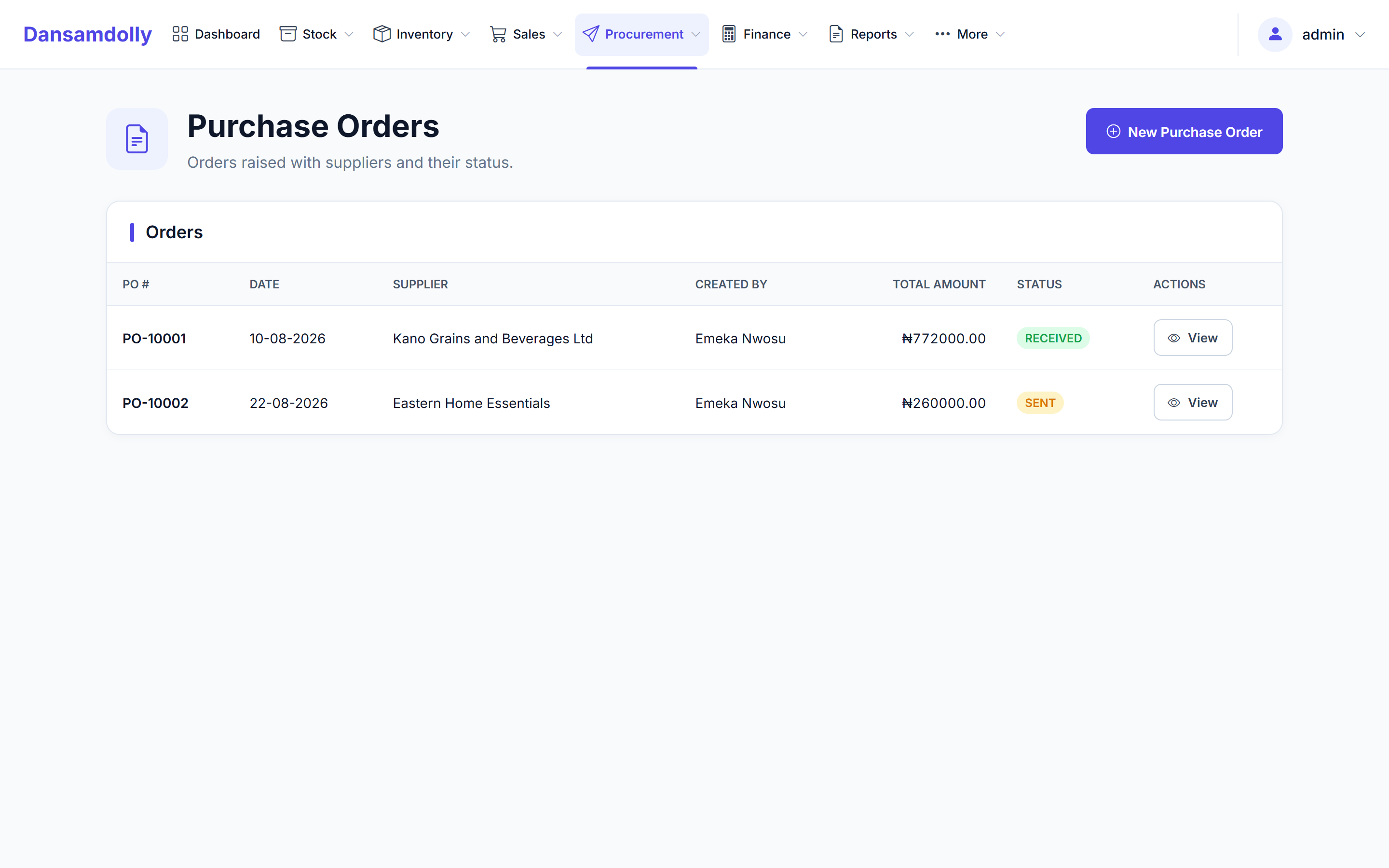 Dansamdolly purchase orders