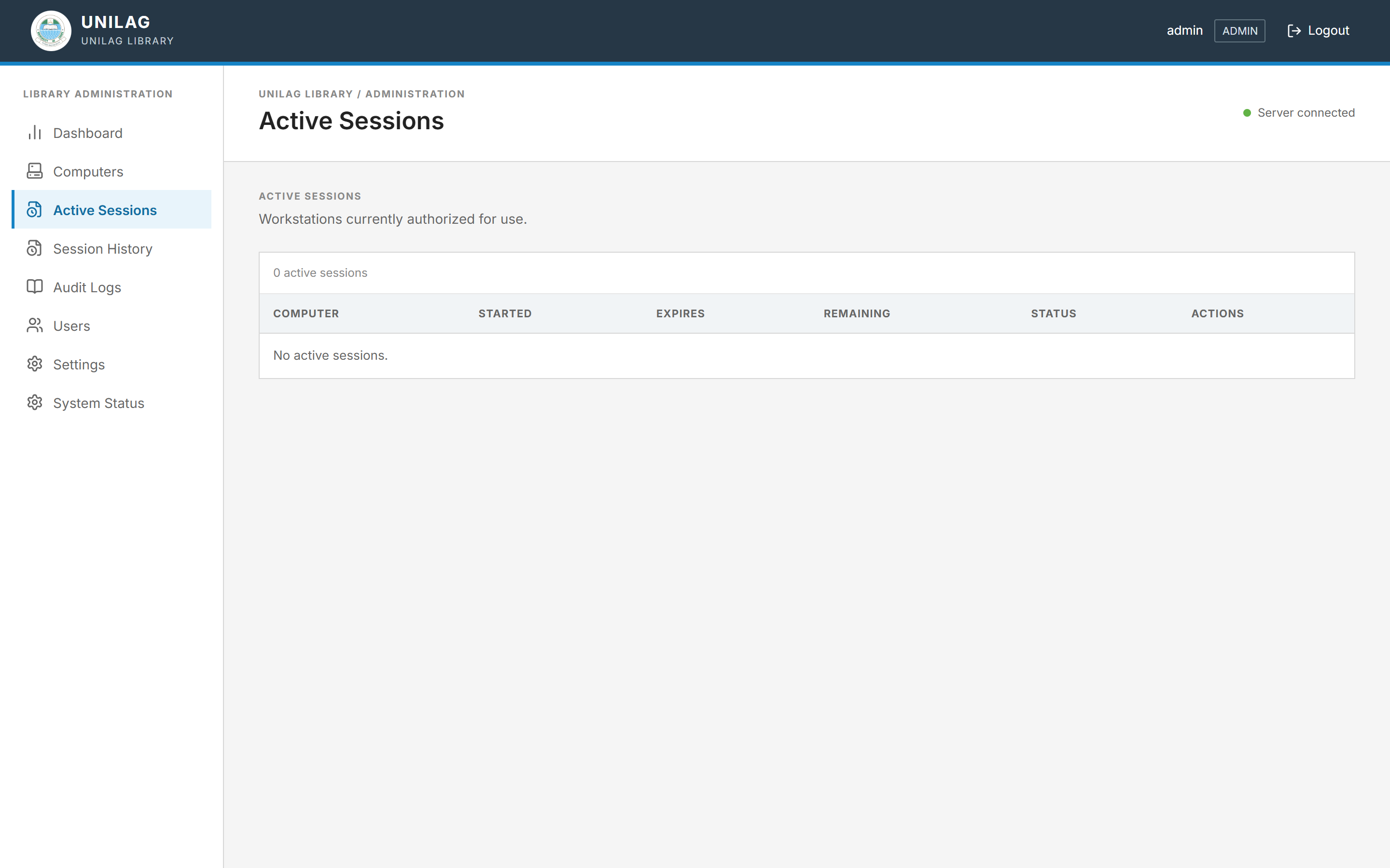 Library Control active sessions view