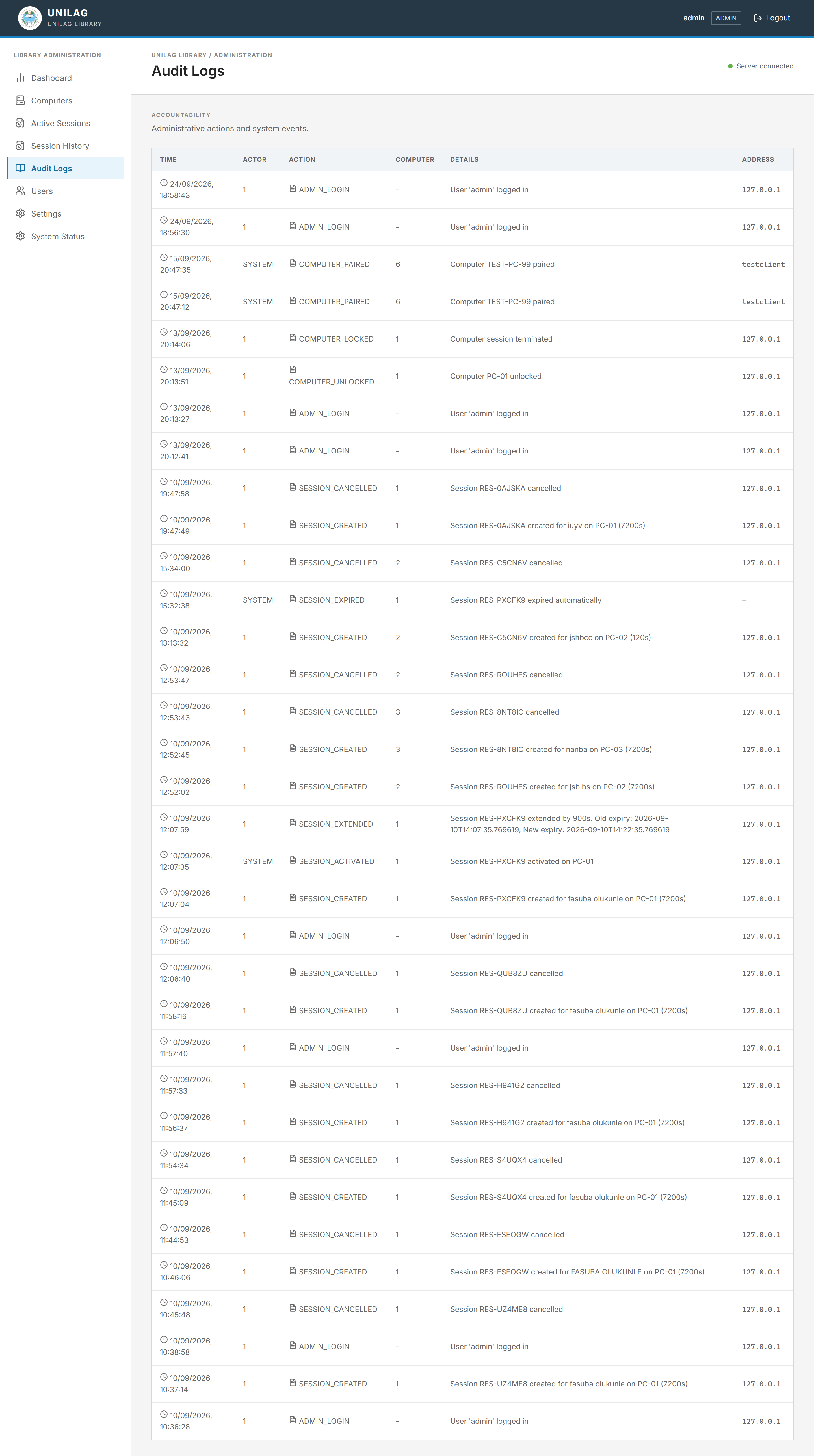 Library Control audit log entries