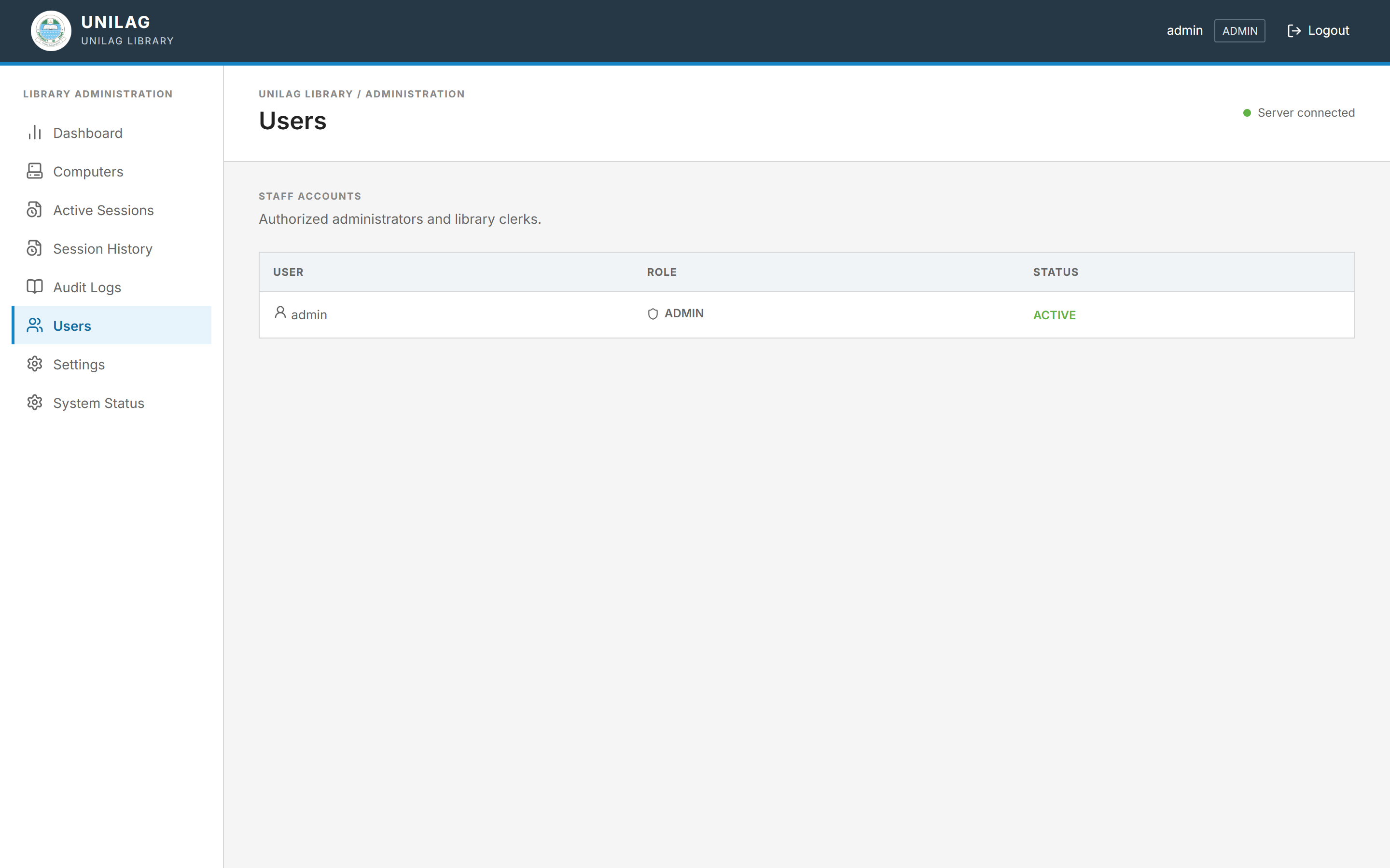 Library Control user management screen