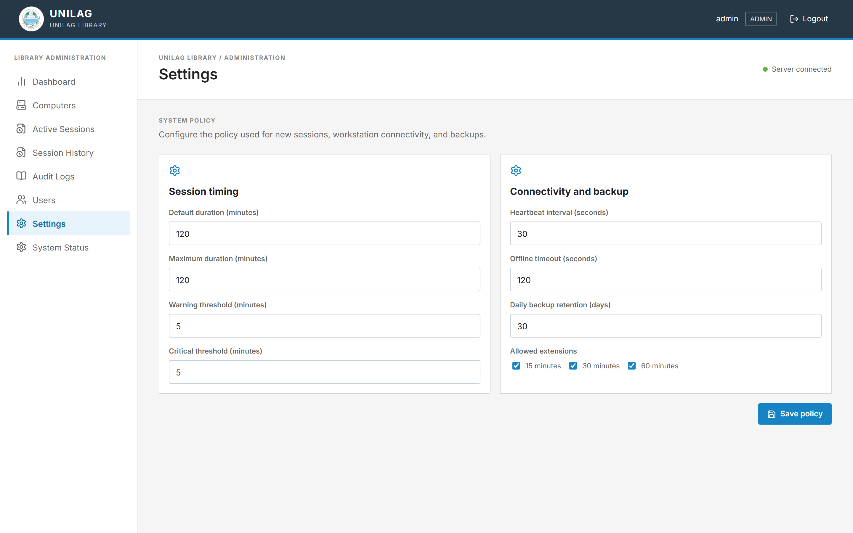 Library Control system settings