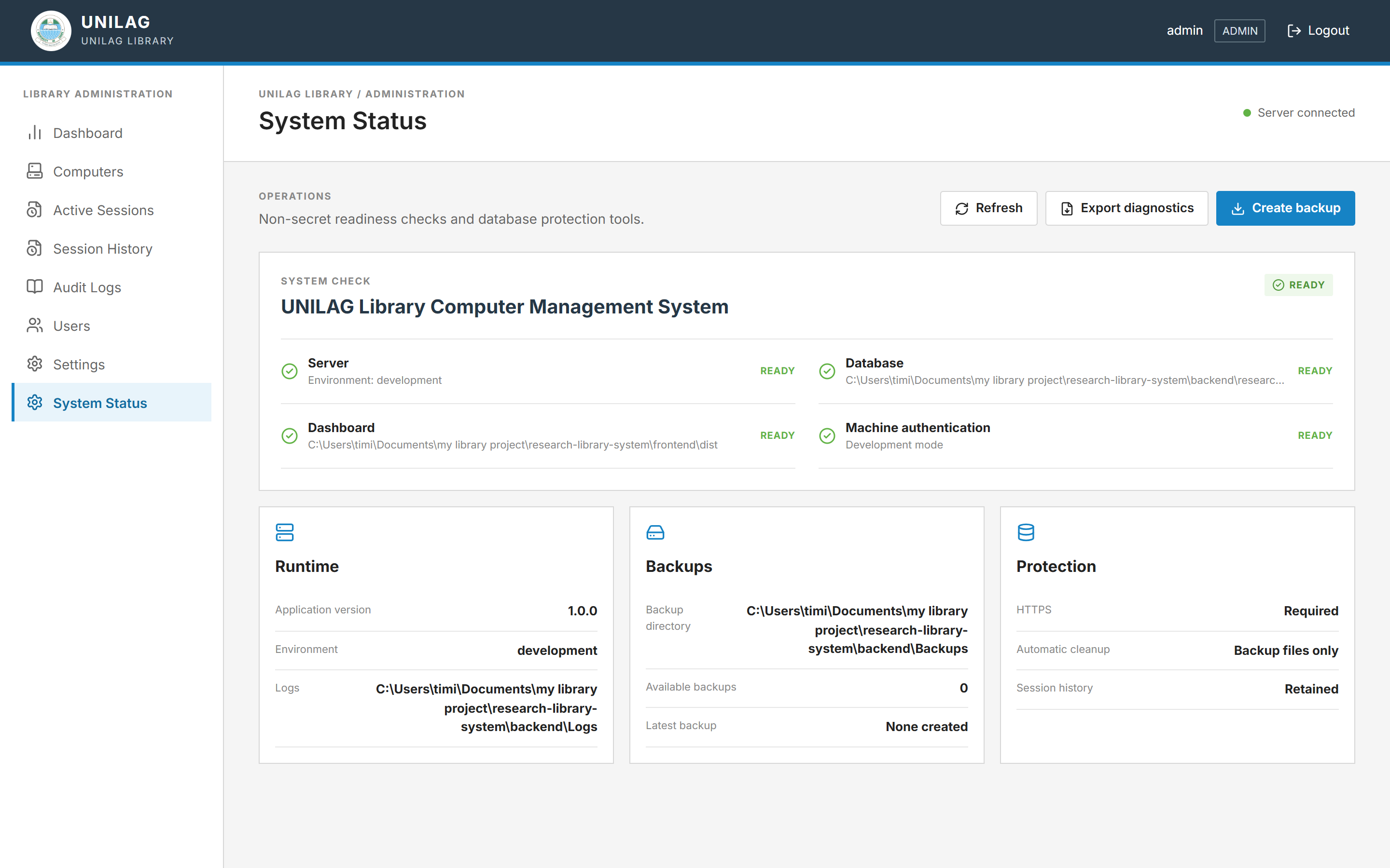 Library Control system status page