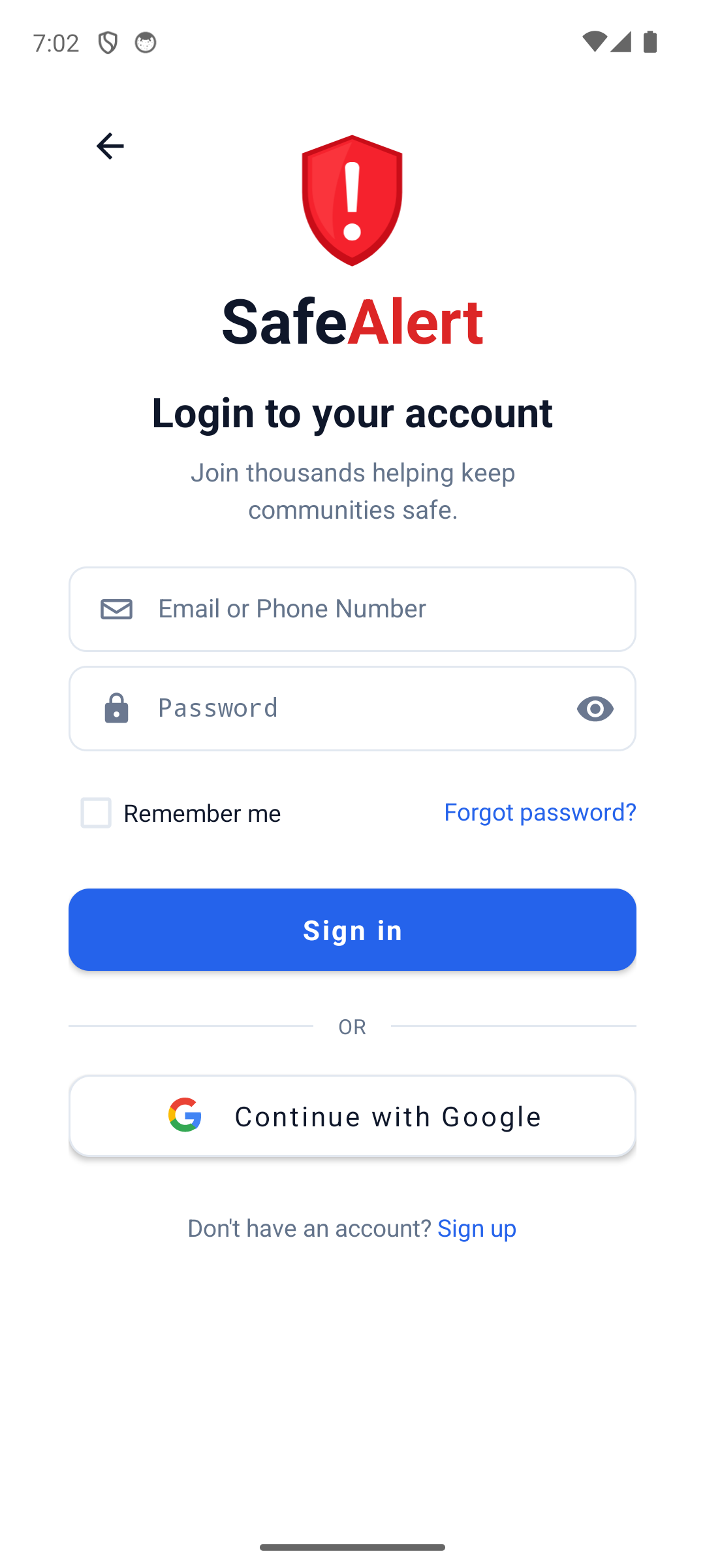 SafeAlert secure login screen