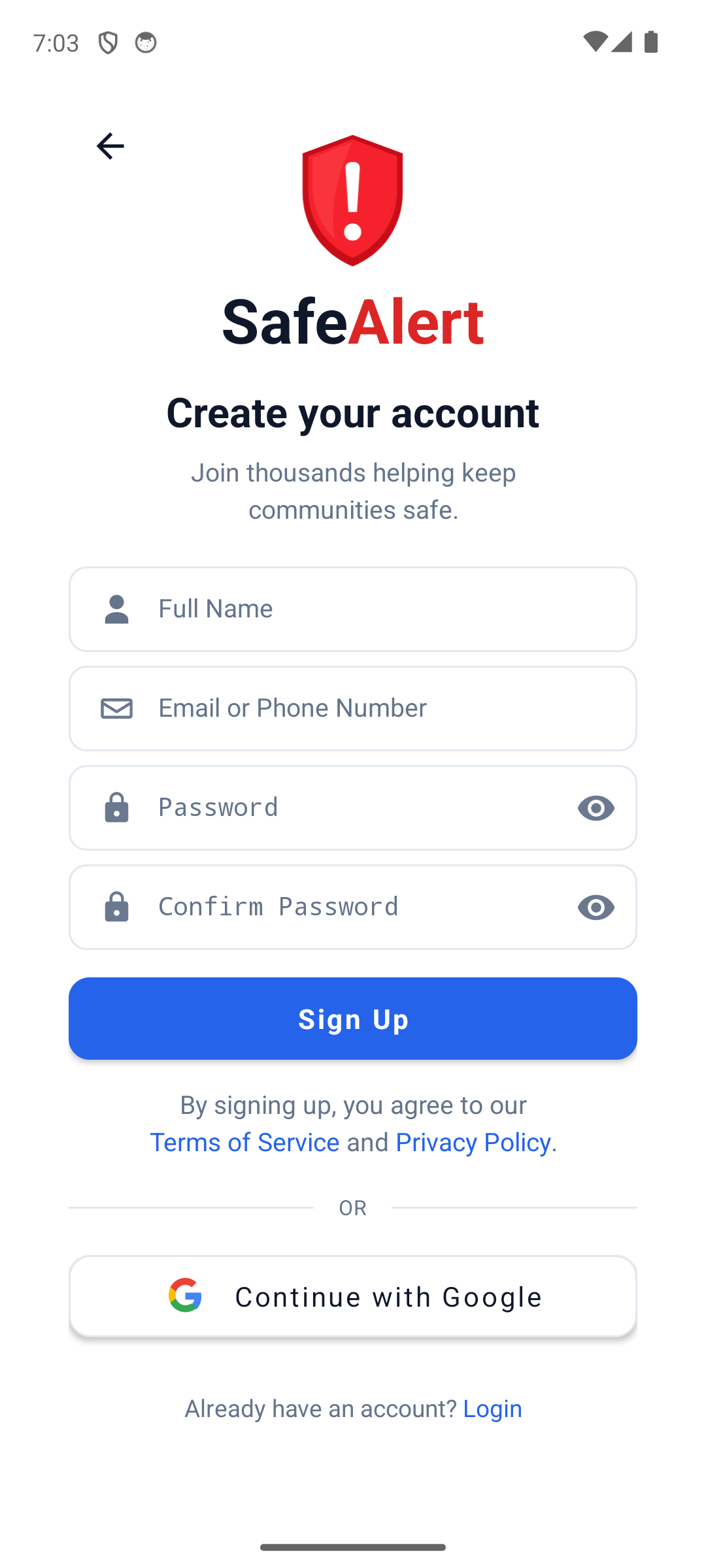 SafeAlert account registration screen