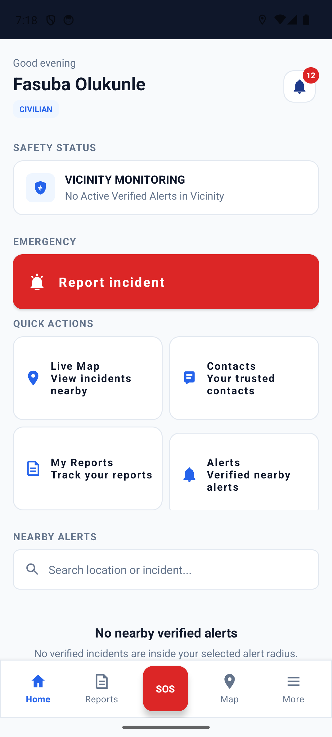 SafeAlert home dashboard showing safety status, the emergency Report Incident button, and quick actions
