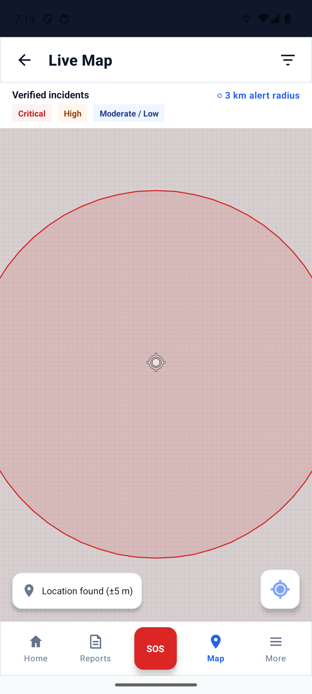 SafeAlert live map with a 3 km verified-incident alert radius
