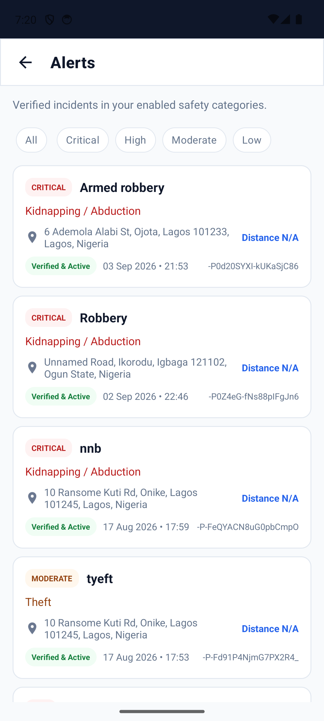 SafeAlert nearby alerts feed