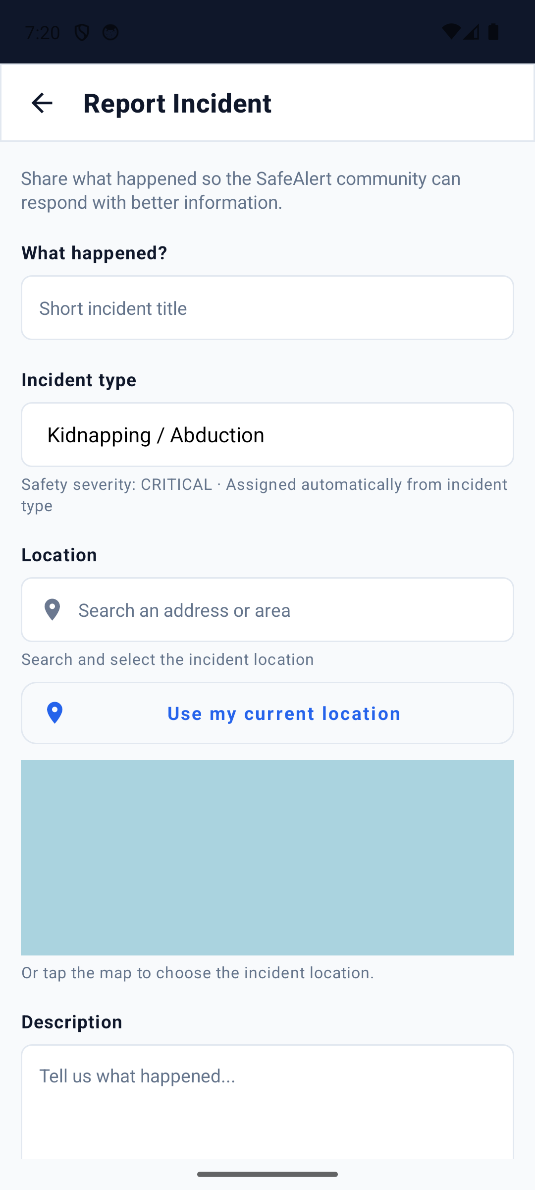 SafeAlert incident reporting form