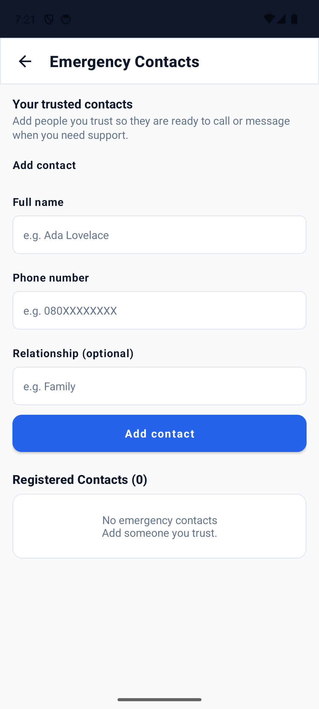 SafeAlert emergency contacts list