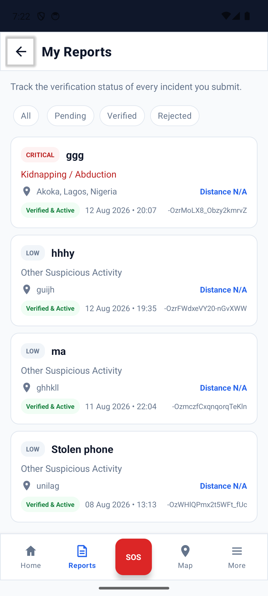 SafeAlert list of the user's submitted reports