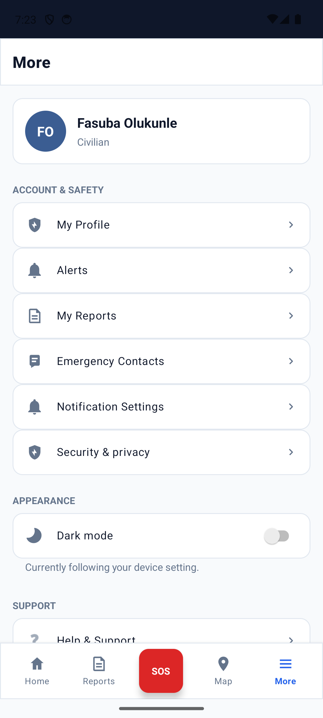 SafeAlert settings and more menu